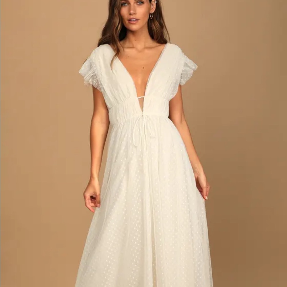 NWT Lulus Yours Evermore Cream Swiss Dot Ruffled Midi Dress